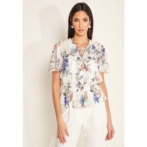 Ted Baker Blouse Womens XL Ivory Floral Peplum Boho Ruffle Chiffon Print Sheer